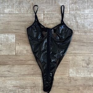 Leather and Mesh Black Women's Bodysuit